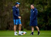 17 October 2023; Backs coach Andrew Goodman, left, and Head of athletic performance Charlie Higgins during Leinster rugby squad training at UCD in Dublin. Photo by Ben McShane/Sportsfile