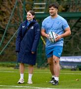 17 October 2023; Thomas Clarkson, right, and Assistant performance analyst Juliett Fortune during Leinster rugby squad training at UCD in Dublin. Photo by Ben McShane/Sportsfile