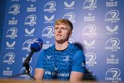 17 October 2023; Tommy O'Brien during Leinster rugby media conference at UCD in Dublin. Photo by Ben McShane/Sportsfile