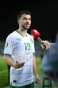 16 October 2023; Republic of Ireland's player of the match Mikey Johnston is interviewed by RTÉ after the UEFA EURO 2024 Championship qualifying group B match between Gibraltar and Republic of Ireland at Estádio Algarve in Faro, Portugal. Photo by Stephen McCarthy/Sportsfile