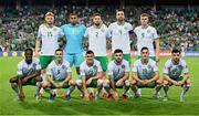16 October 2023; The Republic of Ireland team, back row, from left, Liam Scales, goalkeeper Gavin Bazunu, Matt Doherty, Shane Duffy and Evan Ferguson, with, front row, Chiedozie Ogbene, Josh Cullen, Jason Knight, Ryan Manning, Jamie McGrath and Mikey Johnston before the UEFA EURO 2024 Championship qualifying group B match between Gibraltar and Republic of Ireland at Estádio Algarve in Faro, Portugal. Photo by Stephen McCarthy/Sportsfile