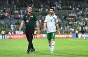 16 October 2023; Mikey Johnston of Republic of Ireland and FAI communications manager Kieran Crowley after the UEFA EURO 2024 Championship qualifying group B match between Gibraltar and Republic of Ireland at Estádio Algarve in Faro, Portugal. Photo by Stephen McCarthy/Sportsfile