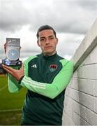 19 October 2023; Ruairi Keating of Cork City with his SSE Airtricity / SWI Player of the Month award for September 2023 at Turner's Cross in Cork. Photo by Eóin Noonan/Sportsfile