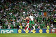 16 October 2023; Chiedozie Ogbene of Republic of Ireland in action against Jayce Olivero of Gibraltar during the UEFA EURO 2024 Championship qualifying group B match between Gibraltar and Republic of Ireland at Estádio Algarve in Faro, Portugal. Photo by Stephen McCarthy/Sportsfile