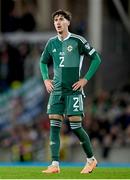 17 October 2023; Trai Hume of Northern Ireland reacts during the UEFA EURO 2024 Championship qualifying group H match between Northern Ireland and Slovenia at the National Football Stadium at Windsor Park in Belfast. Photo by Ramsey Cardy/Sportsfile