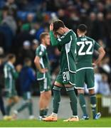 17 October 2023; Trai Hume of Northern Ireland after the UEFA EURO 2024 Championship qualifying group H match between Northern Ireland and Slovenia at the National Football Stadium at Windsor Park in Belfast. Photo by Ramsey Cardy/Sportsfile