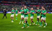 14 October 2023; Ireland players, including Conor Murray, Iain Henderson, Finlay Bealham, Caelan Doris, Ryan Baird and Rónan Kelleher after thsir side's defeat in the 2023 Rugby World Cup quarter-final match between Ireland and New Zealand at the Stade de France in Paris, France. Photo by Brendan Moran/Sportsfile