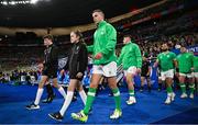 14 October 2023; Ireland captain Jonathan Sexton leads his side out before the 2023 Rugby World Cup quarter-final match between Ireland and New Zealand at the Stade de France in Paris, France. Photo by Brendan Moran/Sportsfile