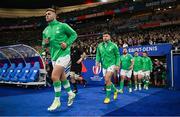 14 October 2023; Ireland players Jack Crowley, Hugo Keenan, Rónan Kelleher, Jimmy O’Brien and Joe McCarthy walk onto the pitch before the 2023 Rugby World Cup quarter-final match between Ireland and New Zealand at the Stade de France in Paris, France. Photo by Brendan Moran/Sportsfile