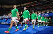 14 October 2023; Ireland players James Lowe, Iain Henderson, Josh van der Flier, Caelan Doris and Peter O’Mahony walk onto the pitch before the 2023 Rugby World Cup quarter-final match between Ireland and New Zealand at the Stade de France in Paris, France. Photo by Brendan Moran/Sportsfile