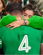 14 October 2023; Tadhg Beirne of Ireland is consoled by his wife Harriet after his side's defeat in the 2023 Rugby World Cup quarter-final match between Ireland and New Zealand at the Stade de France in Paris, France. Photo by Brendan Moran/Sportsfile