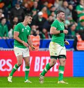 14 October 2023; Peter O’Mahony, right, and Jonathan Sexton during the 2023 Rugby World Cup quarter-final match between Ireland and New Zealand at the Stade de France in Paris, France. Photo by Brendan Moran/Sportsfile