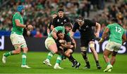 14 October 2023; Aaron Smith of New Zealand is tackled by Andrew Porter of Ireland during the 2023 Rugby World Cup quarter-final match between Ireland and New Zealand at the Stade de France in Paris, France. Photo by Brendan Moran/Sportsfile