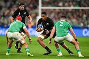 14 October 2023; Shannon Frizell of New Zealand in action against Josh van der Flier, left, and Dan Sheehan of Ireland during the 2023 Rugby World Cup quarter-final match between Ireland and New Zealand at the Stade de France in Paris, France. Photo by Brendan Moran/Sportsfile