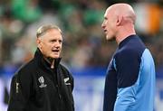 14 October 2023; New Zealand assistant coach Joe Schmidt, left, and Ireland forwards coach Paul O'Connell before the 2023 Rugby World Cup quarter-final match between Ireland and New Zealand at the Stade de France in Paris, France. Photo by Brendan Moran/Sportsfile