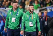 14 October 2023; Injured Ireland players James Ryan, left, and Robbie Henshaw before the 2023 Rugby World Cup quarter-final match between Ireland and New Zealand at the Stade de France in Paris, France. Photo by Brendan Moran/Sportsfile