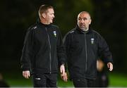12 October 2023; UCD manager Andy Myler, right, and assistant coach William O'Connor during the SSE Airtricity Men's Premier Division match between UCD and Bohemians at UCD Bowl in Dublin. Photo by Ben McShane/Sportsfile
