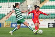 14 October 2023; Megan Smyth-Lynch of Shelbourne and Scarlett Herron of Shamrock Rovers during the FAI Women's Cup semi-final match between Shamrock Rovers and Shelbourne at Tallaght Stadium in Dublin. Photo by Ben McShane/Sportsfile