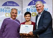 20 October 2023; The GAA is thrilled to announce and honor GAA clubs with the official &quot;Healthy Club&quot; designation. In recent years, Leinster clubs have actively taken part in the GAA's prominent Healthy Clubs pilot program, generously supported by Irish Life. Pictured are Gerry Matthews and Margaret Comey of the John Mitchels club in Louth being presented with their foundation award by Leinster Council health and wellbeing chairperson Dave Murray at the Killeshin Hotel in Portlaoise, Laois. Photo by Brendan Moran/Sportsfile