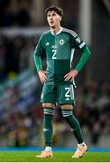 17 October 2023; Trai Hume of Northern Ireland during the UEFA EURO 2024 Championship qualifying group H match between Northern Ireland and Slovenia at the National Football Stadium at Windsor Park in Belfast. Photo by Ramsey Cardy/Sportsfile