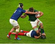 15 October 2023; Eben Etzebeth of South Africa is tackled by Gregory Alldritt and Anthony Jelonch of France during the 2023 Rugby World Cup quarter-final match between France and South Africa at the Stade de France in Paris, France. Photo by Brendan Moran/Sportsfile