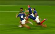 15 October 2023; Damian de Allende of South Africa breaks through the France defence of Thomas Ramos, Louis Bielle-Biarrey, Anthony Jelonch and Antoine Dupont on the way to scoring his side's second try during the 2023 Rugby World Cup quarter-final match between France and South Africa at the Stade de France in Paris, France. Photo by Brendan Moran/Sportsfile