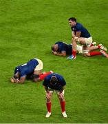 15 October 2023; Dorian Aldegheri of France, bottom, and teammates react at the final whistle of the 2023 Rugby World Cup quarter-final match between France and South Africa at the Stade de France in Paris, France. Photo by Brendan Moran/Sportsfile