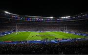 15 October 2023; The France and South Africa teams stand for the national anthems before the 2023 Rugby World Cup quarter-final match between France and South Africa at the Stade de France in Paris, France. Photo by Brendan Moran/Sportsfile