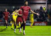 20 October 2023; Wassim Aouachria of Galway United celebrates after scoring his side's first goal during the SSE Airtricity Men's First Division match between Galway United and Wexford at Eamonn Deacy Park in Galway. Photo by Stephen McCarthy/Sportsfile