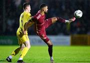 20 October 2023; Wassim Aouachria of Galway United in action against Ben Lynch of Wexford during the SSE Airtricity Men's First Division match between Galway United and Wexford at Eamonn Deacy Park in Galway. Photo by Stephen McCarthy/Sportsfile