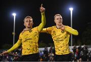 20 October 2023; Mark Doyle of St Patrick's Athletic, right, celebrates with team-mate Sam Curtis after scoring their side's first goal during the SSE Airtricity Men's Premier Division match between Bohemians and St Patrick's Athletic at Dalymount Park in Dublin. Photo by Seb Daly/Sportsfile