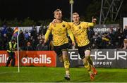 20 October 2023; Mark Doyle of St Patrick's Athletic, right, celebrates with team-mate Sam Curtis after scoring their side's first goal during the SSE Airtricity Men's Premier Division match between Bohemians and St Patrick's Athletic at Dalymount Park in Dublin. Photo by Seb Daly/Sportsfile