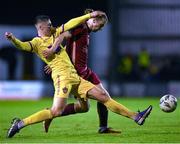 20 October 2023; David Hurley of Galway United in action against Mark Hanratty of Wexford during the SSE Airtricity Men's First Division match between Galway United and Wexford at Eamonn Deacy Park in Galway. Photo by Stephen McCarthy/Sportsfile