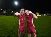 20 October 2023; Galway United players Wassim Aouachria, left, and Rob Slevin celebrate after their side's victory in the SSE Airtricity Men's First Division match between Galway United and Wexford at Eamonn Deacy Park in Galway. Photo by Stephen McCarthy/Sportsfile