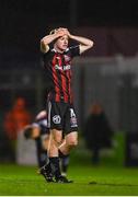 20 October 2023; James McManus of Bohemians reacts during the SSE Airtricity Men's Premier Division match between Bohemians and St Patrick's Athletic at Dalymount Park in Dublin. Photo by Tyler Miller/Sportsfile