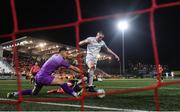 20 October 2023; Jack Moylan of Shelbourne scores a goal past Derry City goalkeeper Brian Maher, which was subsequently disallowed, during the SSE Airtricity Men's Premier Division match between Derry City and Shelbourne at The Ryan McBride Brandywell Stadium in Derry. Photo by Ramsey Cardy/Sportsfile