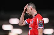 20 October 2023; Shane McEleney of Derry City reacts during the SSE Airtricity Men's Premier Division match between Derry City and Shelbourne at The Ryan McBride Brandywell Stadium in Derry. Photo by Ramsey Cardy/Sportsfile