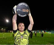 20 October 2023; Galway United goalkeeper Brendan Clarke celebrates with the trophy after the SSE Airtricity Men's First Division match between Galway United and Wexford at Eamonn Deacy Park in Galway. Photo by Stephen McCarthy/Sportsfile
