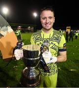 20 October 2023; Galway United goalkeeper Brendan Clarke celebrates with the trophy after the SSE Airtricity Men's First Division match between Galway United and Wexford at Eamonn Deacy Park in Galway. Photo by Stephen McCarthy/Sportsfile