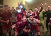 20 October 2023; Galway United captain Conor McCormack, front left, celebrates with team-mate Wassim Aouachria in the dressing room after the SSE Airtricity Men's First Division match between Galway United and Wexford at Eamonn Deacy Park in Galway. Photo by Stephen McCarthy/Sportsfile