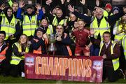 20 October 2023; Stadium stewards and Galway United captain Conor McCormack celebrate with the trophy after the SSE Airtricity Men's First Division match between Galway United and Wexford at Eamonn Deacy Park in Galway. Photo by Stephen McCarthy/Sportsfile