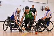 21 October 2023; Action during the 2023 Wheelchair Hurling / Camogie All Ireland Finals match between Connacht and Leinster at SETU Carlow Sports Hall in Carlow. Photo by Ben McShane/Sportsfile