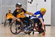 21 October 2023; Action during the 2023 Wheelchair Hurling / Camogie All Ireland Finals match between Munster and Ulster at SETU Carlow Sports Hall in Carlow. Photo by Ben McShane/Sportsfile