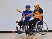 21 October 2023; Action during the 2023 Wheelchair Hurling / Camogie All Ireland Finals match between Munster and Ulster at SETU Carlow Sports Hall in Carlow. Photo by Ben McShane/Sportsfile