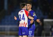 20 October 2023; Adam Lennon of Treaty United with Dean McMenamy of Waterford after the SSE Airtricity Men's First Division match between Waterford and Treaty United at RSC in Waterford. Photo by Michael P Ryan/Sportsfile