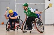 21 October 2023; Action during the 2023 Wheelchair Hurling / Camogie All Ireland Finals match between Munster and Leinster at SETU Carlow Sports Hall in Carlow. Photo by Ben McShane/Sportsfile