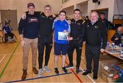 21 October 2023; GAA Carlow county chairperson Jim Bolger presents Ireland coaches, from left, Tom Carey, Paul Callaghan, John Carey and Shane McCann with a commemorative plaque for their trip to Prague earlier this year before the 2023 Wheelchair Hurling / Camogie All Ireland Finals at SETU Carlow Sports Hall in Carlow. Photo by Ben McShane/Sportsfile
