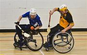 21 October 2023; Action during the 2023 Wheelchair Hurling / Camogie All Ireland Final match between Ulster and Munster at SETU Carlow Sports Hall in Carlow. Photo by Ben McShane/Sportsfile