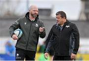 21 October 2023; Connacht head coach Peter Wilkins, left, and Ospreys head coach Toby Booth in conversation before the United Rugby Championship match between Connacht and Ospreys at The Sportsground in Galway. Photo by Sam Barnes/Sportsfile