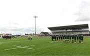 21 October 2023; Players from both sides stand for a moment’s silence in respect to all those affected by the current crisis in Gaza and Israel before the United Rugby Championship match between Connacht and Ospreys at The Sportsground in Galway. Photo by Sam Barnes/Sportsfile